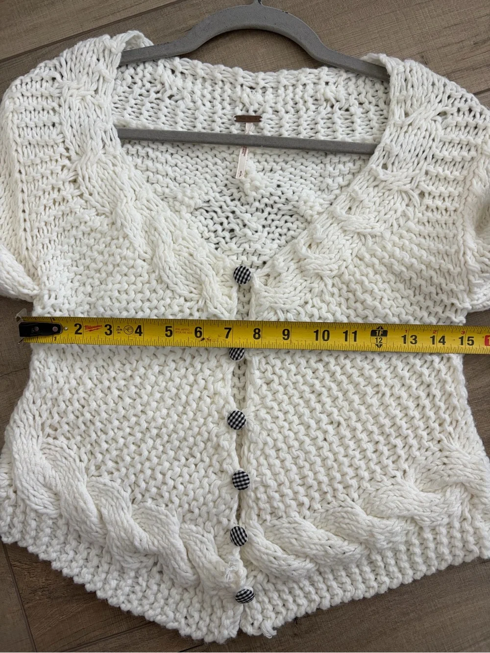 Free People Off White Cable Knit Gingham Button Down Cropped Boho Cardigan S